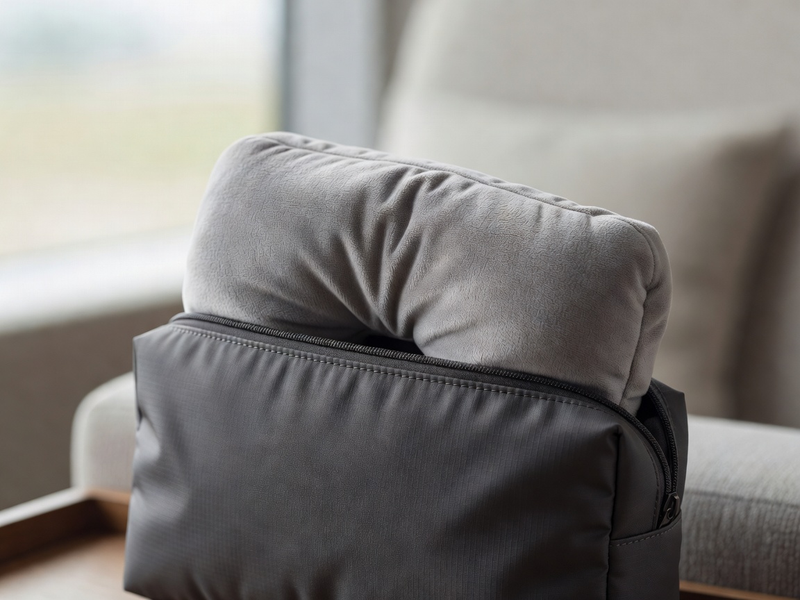 Close-up of a soft folded travel comfort accessory in a compact pouch